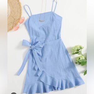 Baby Blue Cut Out Tie Back Ruffle Trim Wrap Hem Slip Dress Size Sm